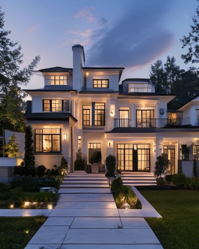 Bellaire custom home exterior with refined landscape lighting