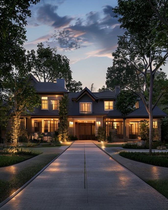 Memorial Villages estate exterior with mature trees and warm lighting