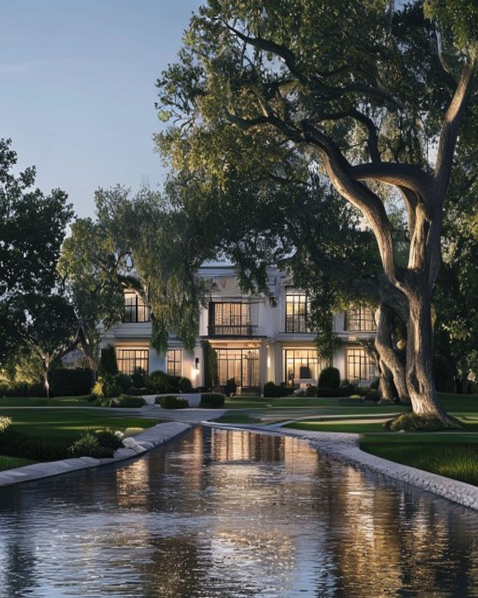River Oaks luxury estate exterior with mature trees and landscape lighting