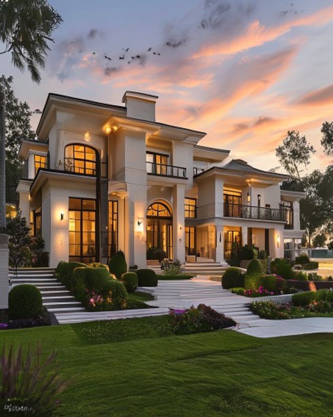 Luxury Sugar Land home exterior with refined evening lighting