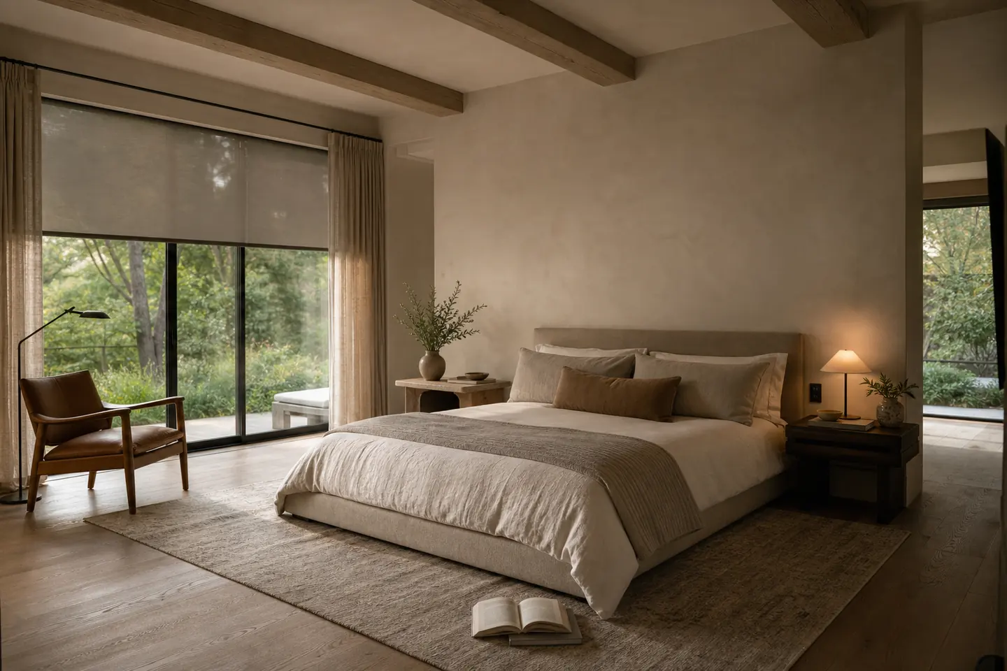 Visualization of a calm primary bedroom with integrated shades and discreet control