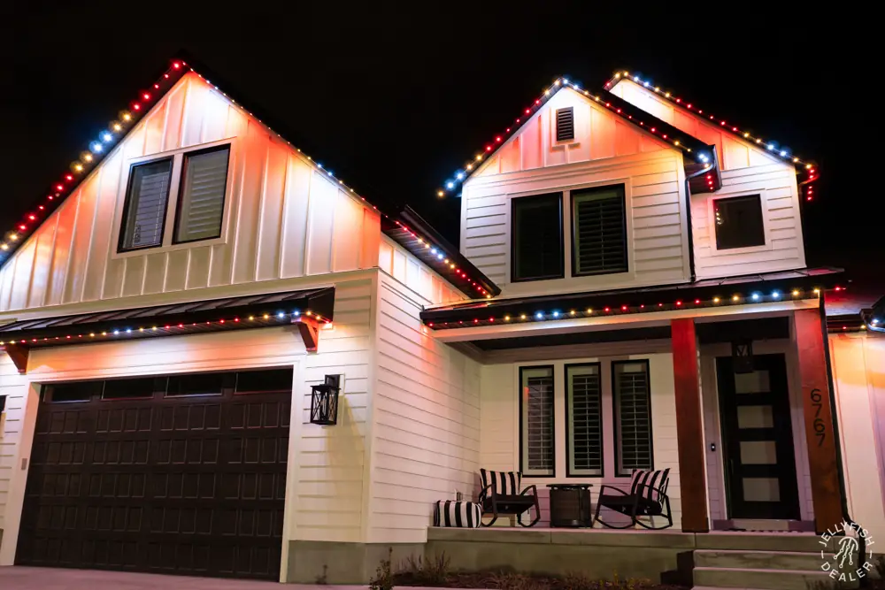 Home with red and white game-day lighting