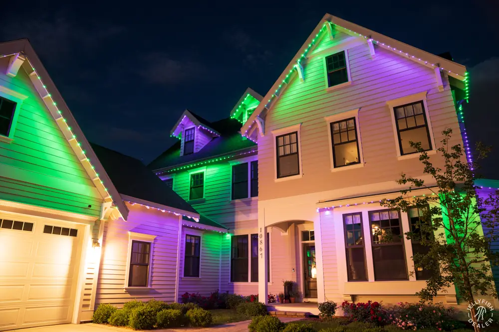 Home with green and purple Halloween lighting