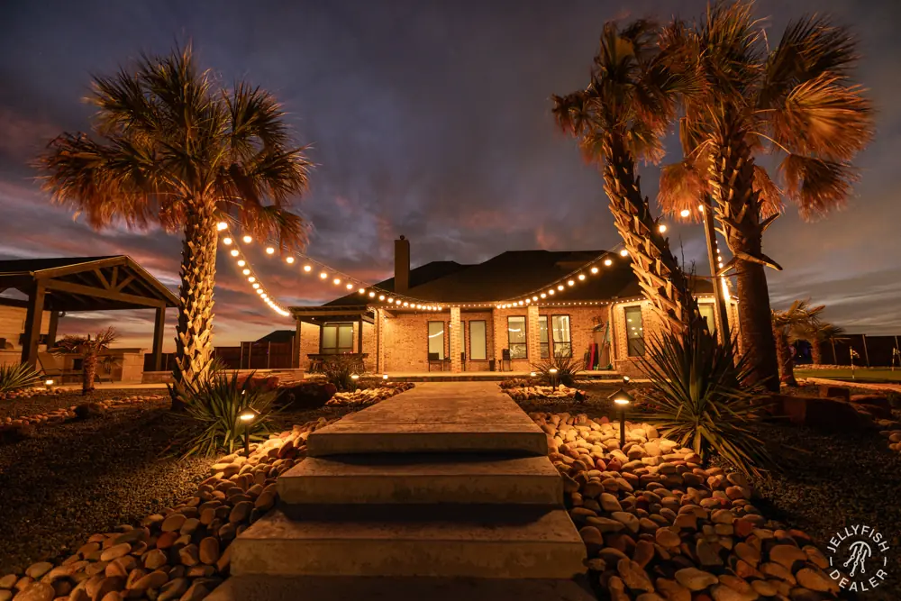 Backyard walkway with pathway lights, lit palm trees and string lights